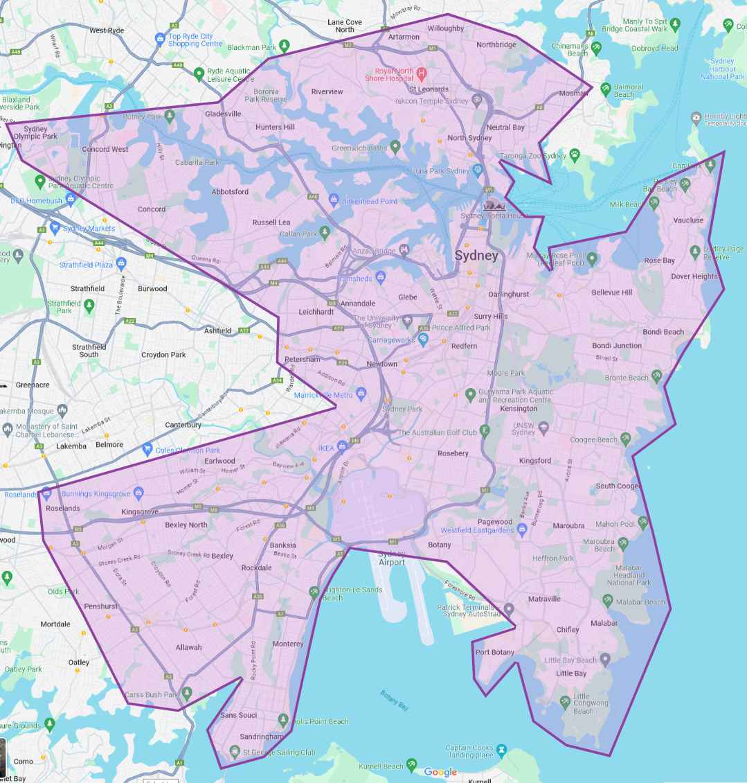 Service Areas Map Sydney CBD & North & South Sydney